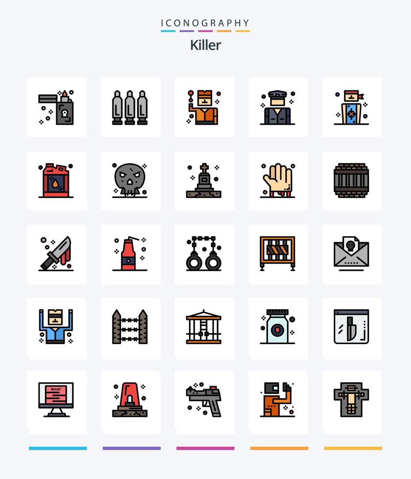 pacote de ícones preenchidos com 25 linhas do assassino criativo, como gol. segurança. crime. polícia. negócios vetor