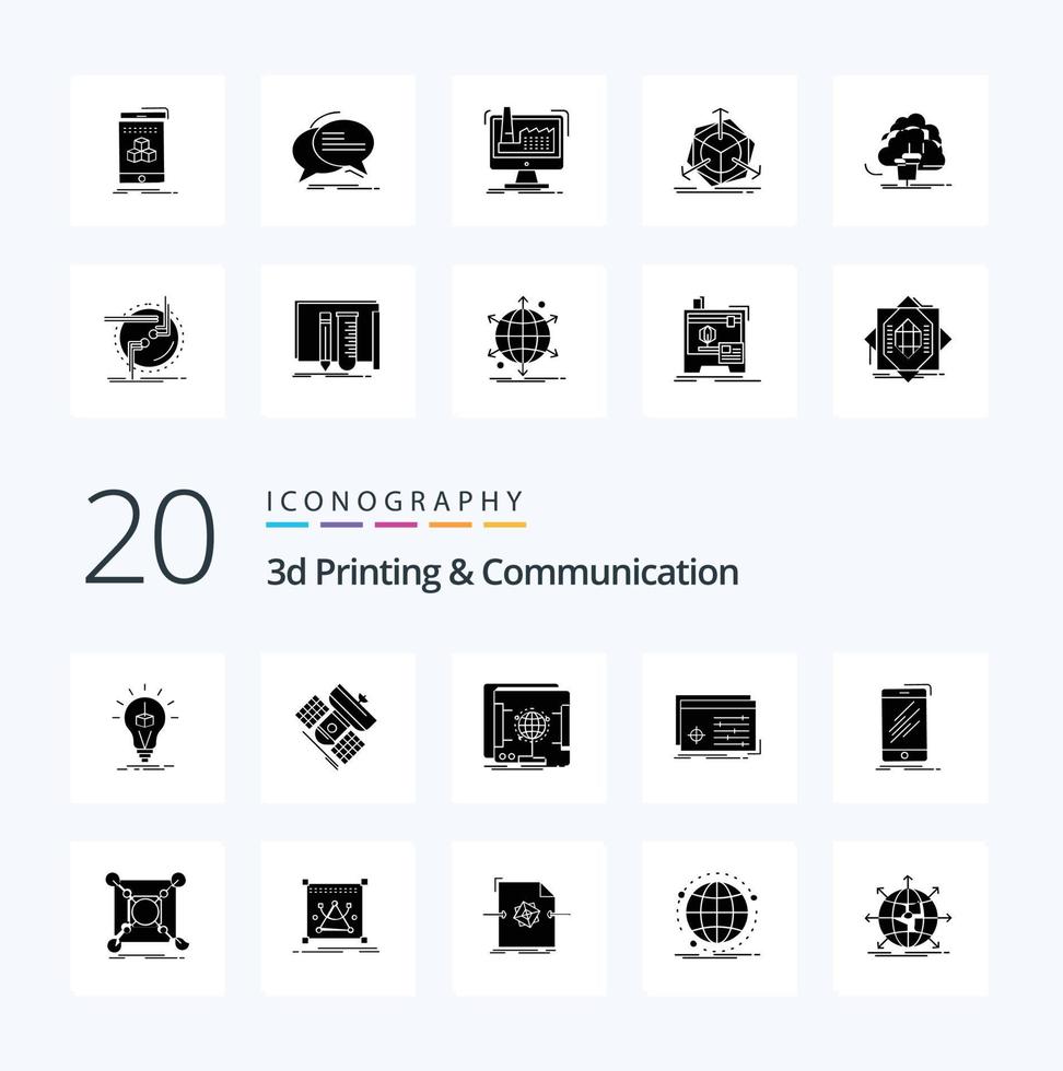 20 impressão 3D e pacote de ícones de glifo sólido de comunicação como processamento de arquivo de scanner de satélite holográfico vetor