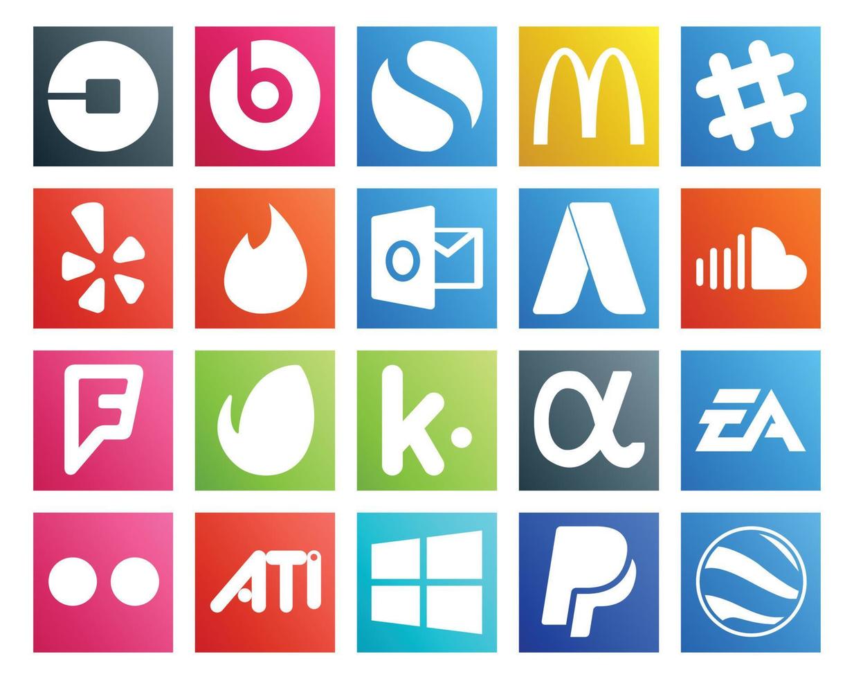 Pacote de 20 ícones de mídia social, incluindo kik foursquare yelp music soundcloud vetor