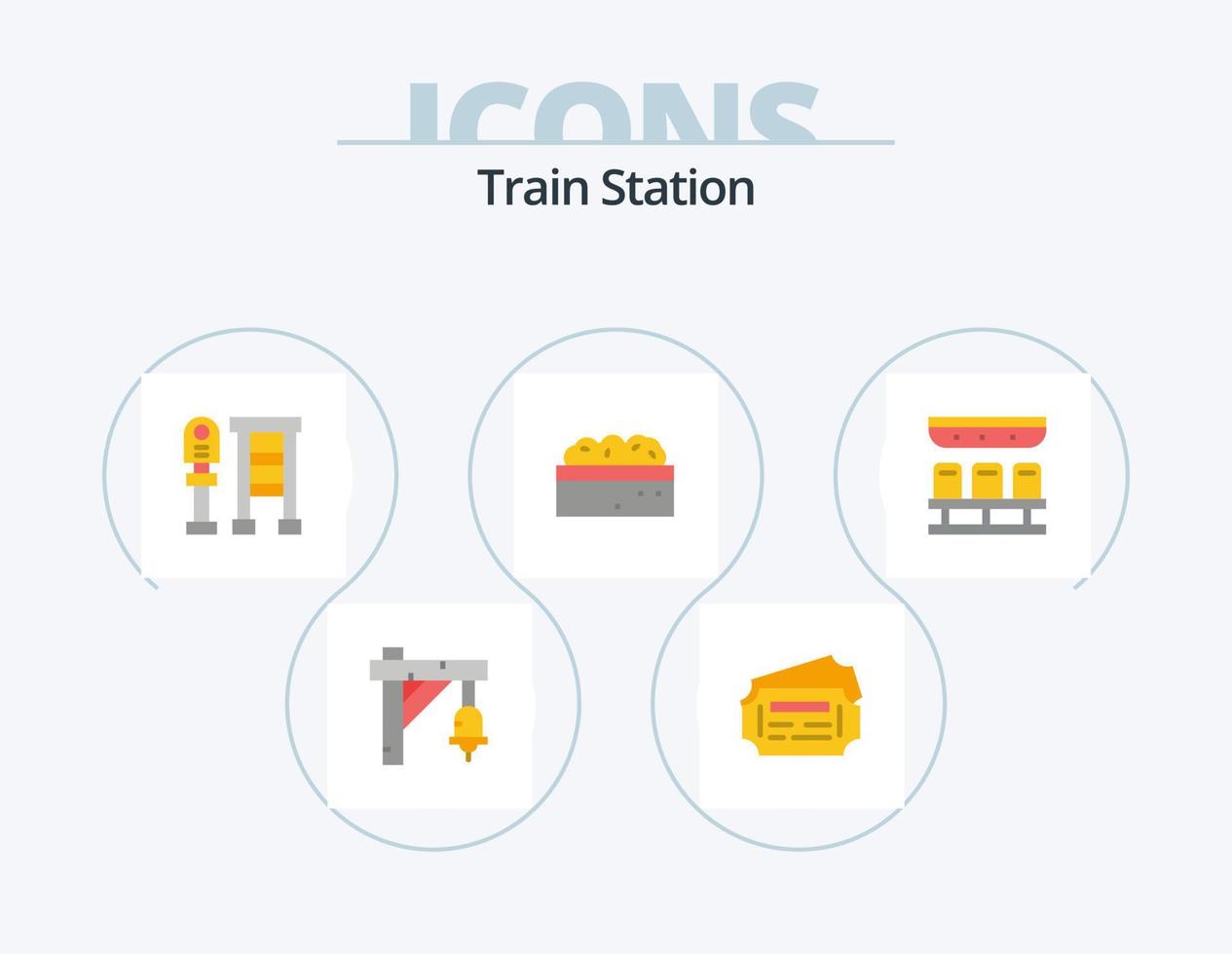 estação de trem plana ícone pack 5 design de ícone. transporte. assentos. ônibus. plantar. arbusto vetor