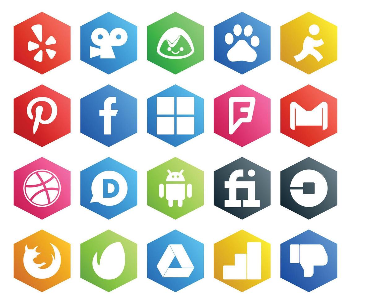 Pacote de 20 ícones de mídia social, incluindo carro fiverr foursquare android drible vetor