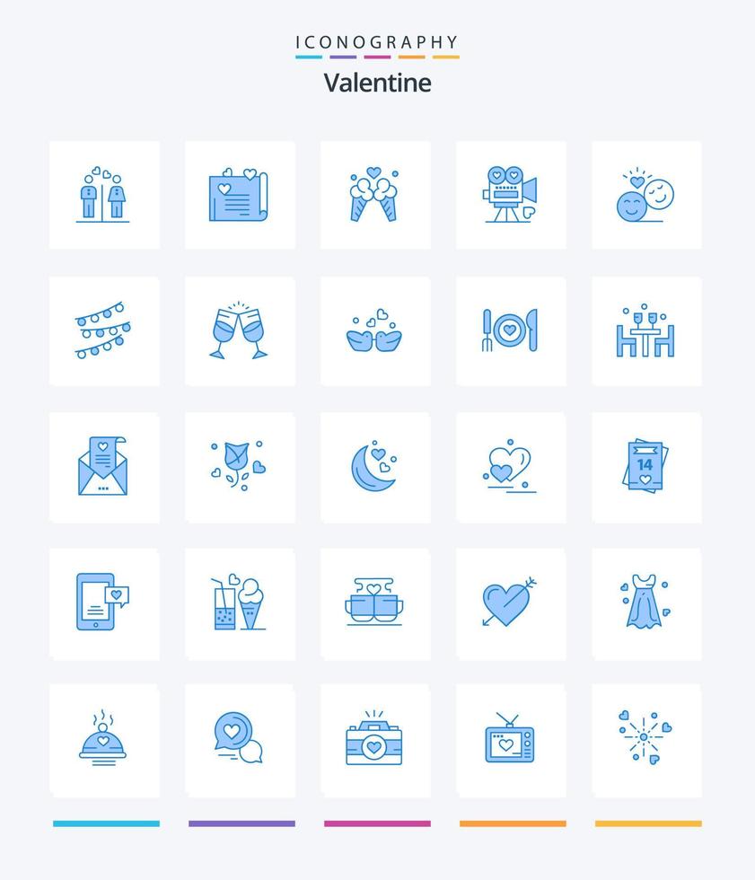 pacote criativo de ícones azuis do dia dos namorados 25, como dia dos namorados. câmera de vídeo. amor. filme. doce vetor
