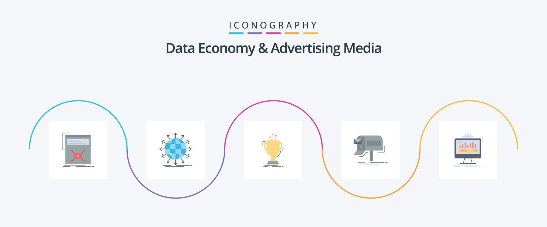 economia de dados e pacote de ícones de mídia de publicidade plana 5, incluindo marketing. campanhas. notícias. prêmio. xícara vetor