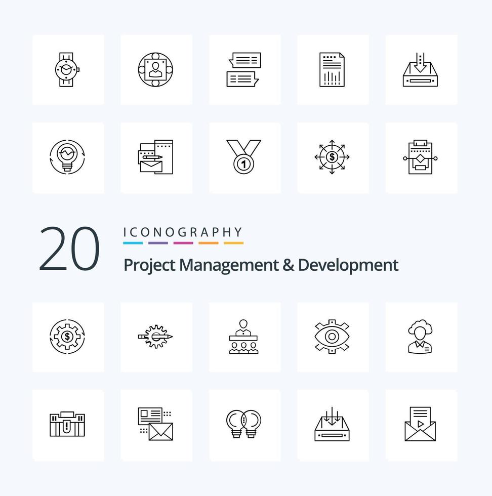 20 gerenciamento de projetos e pacote de ícones de linha de desenvolvimento, como produção de equipe de redação de trabalho em equipe vetor