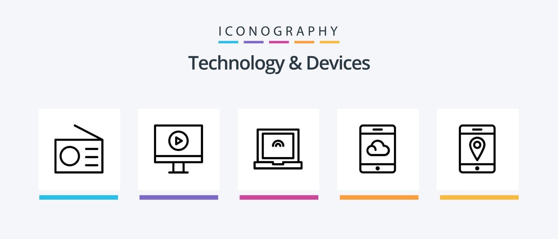 Dispositivos linha 5 pacote de ícones incluindo . hardware. tocar. poder. design de ícones criativos vetor