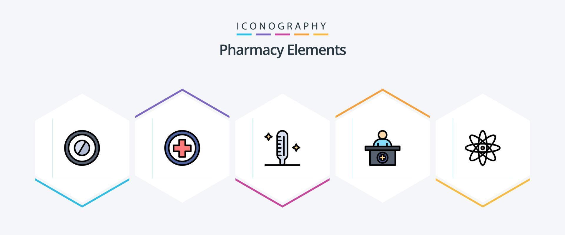 elementos de farmácia 25 pacote de ícones de linha preenchida, incluindo ciência. átomo. febre. consulta médica. recepção vetor