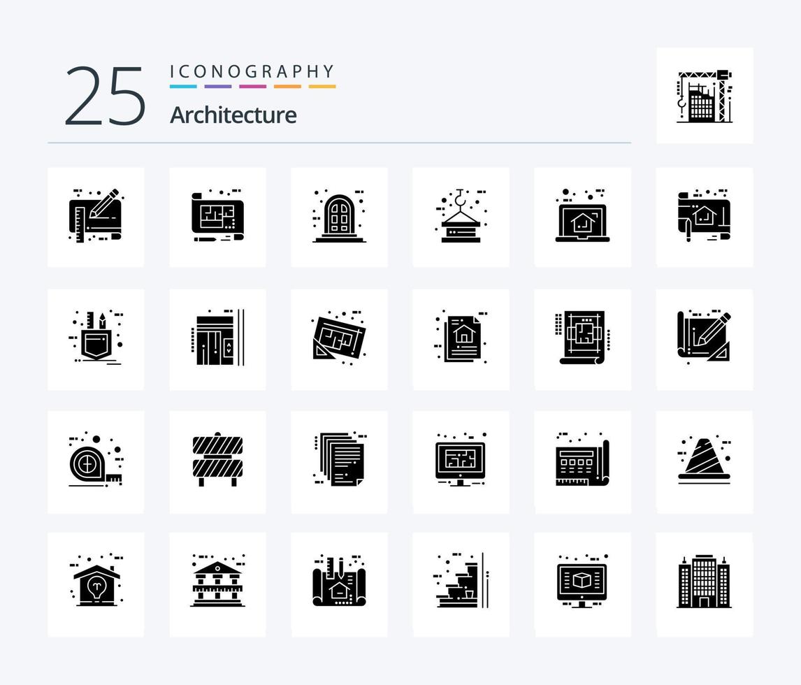arquitetura 25 pacote de ícones de glifos sólidos, incluindo torre. elevação. chão. gancho. janela vetor