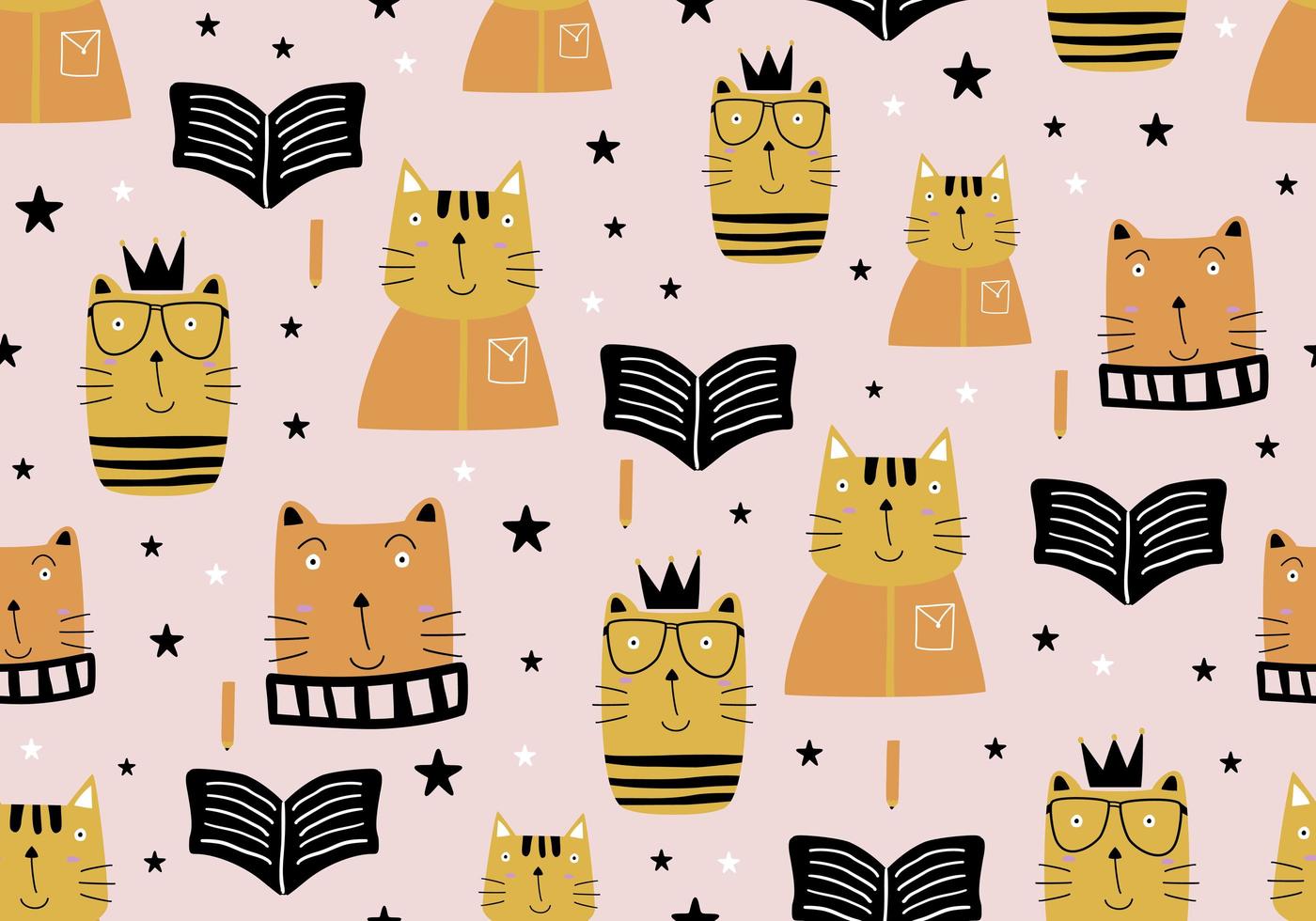 padrão de gatos bonitos, desenho infantil de ilustração vetorial para crianças e impressão de têxteis de moda bebê. animal e livro sobre fundo rosa. vetor