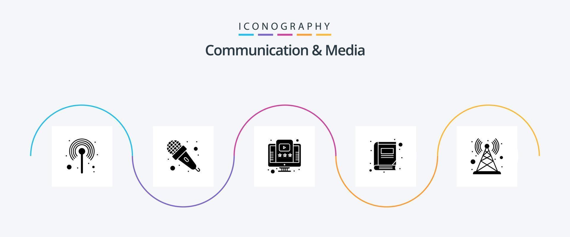 pacote de ícones de comunicação e mídia glyph 5, incluindo antena. ler. áudio. biblioteca. tutorial vetor