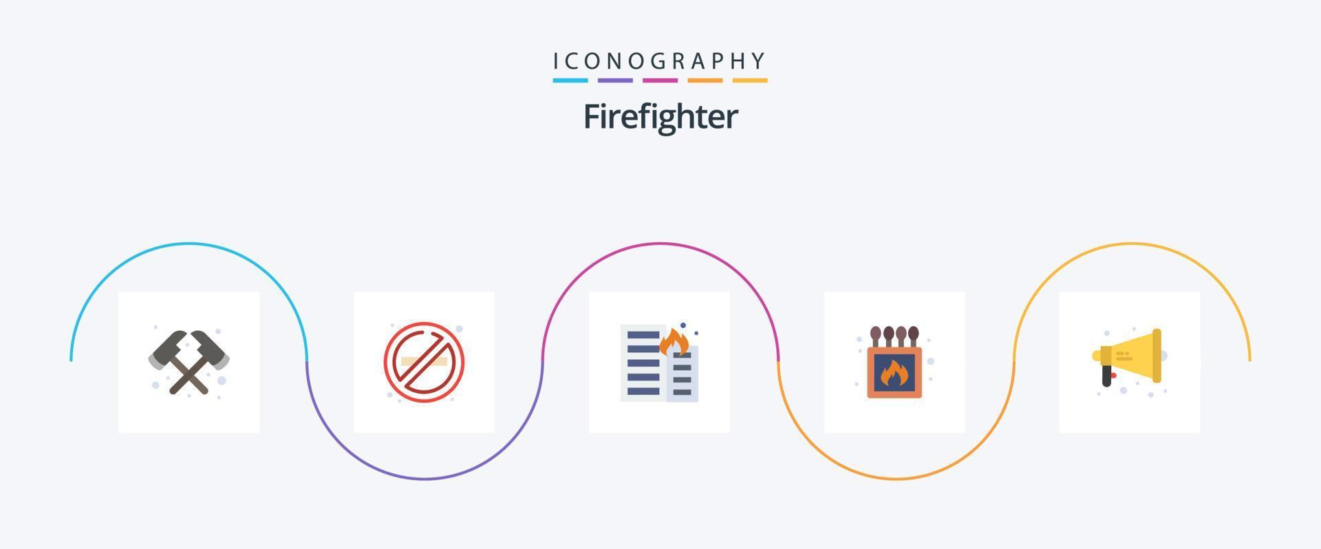 pacote de ícone de bombeiro plana 5 incluindo megafone. caixa. fogo. corresponder. acampamento vetor