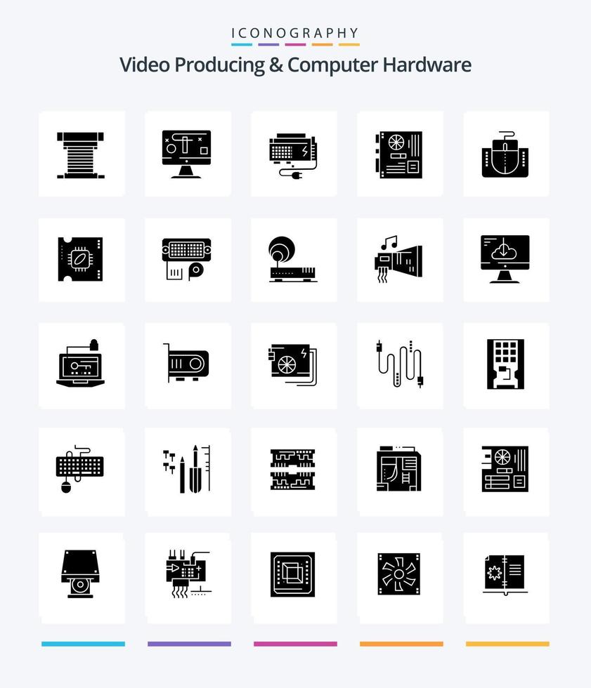 produção criativa de vídeo e pacote de ícones preto sólido de 25 glifos de hardware de computador, como mãe. principal. gráficos. computador. poder vetor