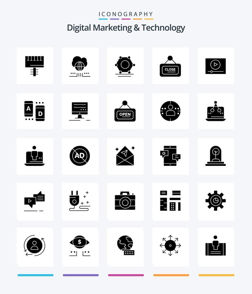 marketing digital criativo e tecnologia 25 glifo pacote de ícone preto sólido como online. vídeo. digital. fechar. quadro vetor