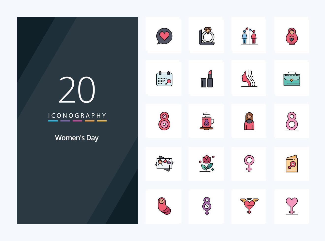 20 ícone preenchido da linha do dia das mulheres para apresentação vetor