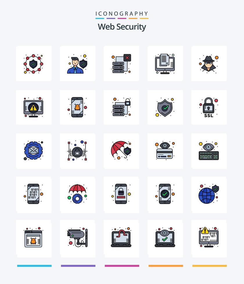 pacote de ícones cheios de 25 linhas de segurança criativa na web, como anônimo. Informação. dados. documento. classificado vetor