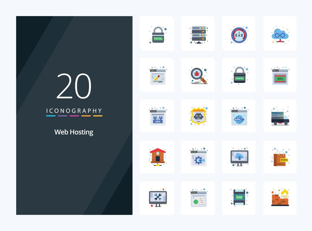 20 ícones de cores planas de hospedagem na web para apresentação vetor