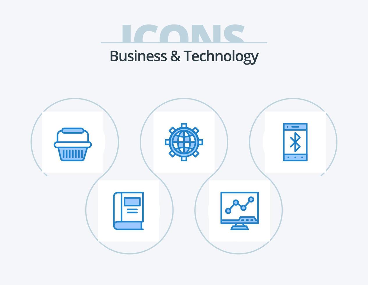 design de ícones do pacote de 5 ícones azuis de negócios e tecnologia. célula. mundo. cesta. preferência. navegador vetor