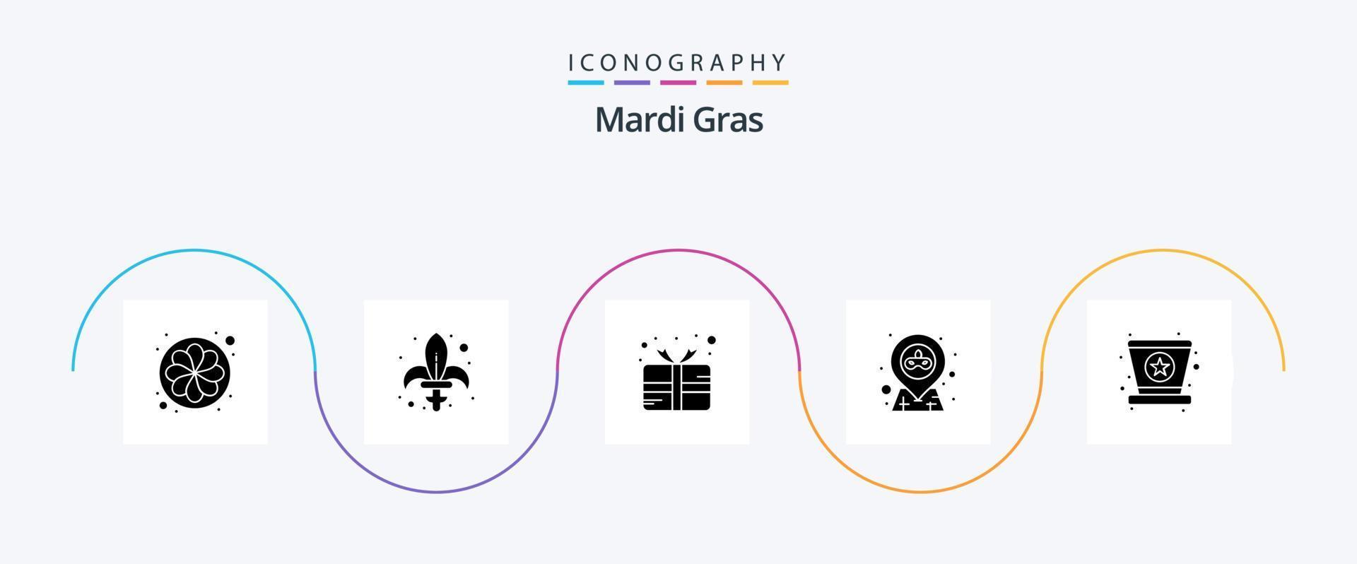 Pacote de ícones Mardi Gras Glyph 5, incluindo Carnaval. alfinete. arma. mapa. prêmio vetor