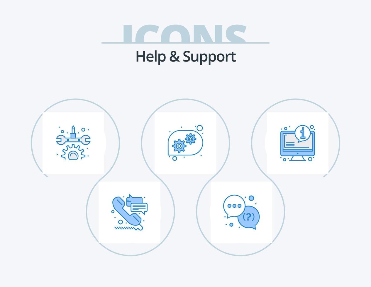 ajude e apoie o design de ícones do pacote de ícones azuis 5. Informação. Perguntas frequentes. engrenagem. sistema. ajuda técnica vetor
