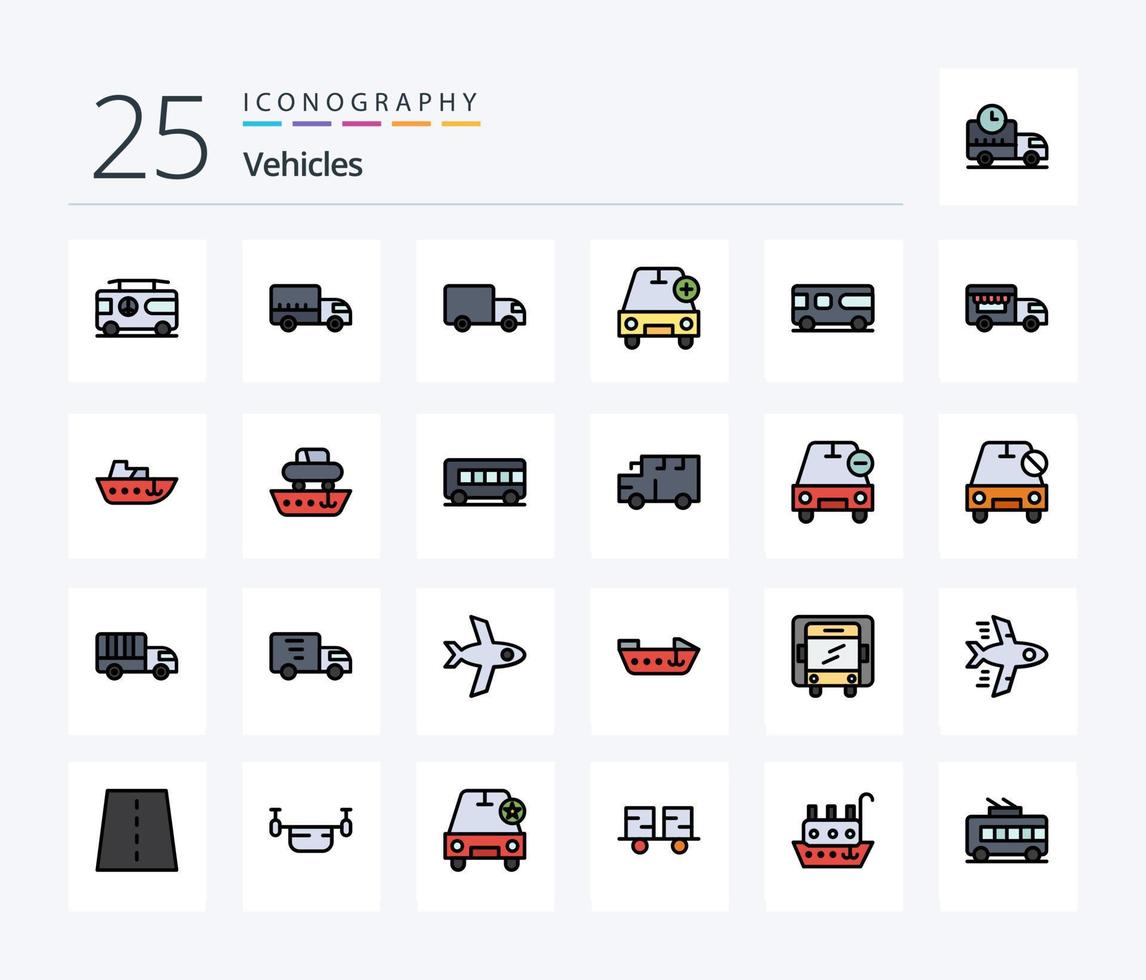 Pacote de ícones cheios de 25 linhas de veículos, incluindo sorvete. furgão. adicionar. combo. veículos vetor