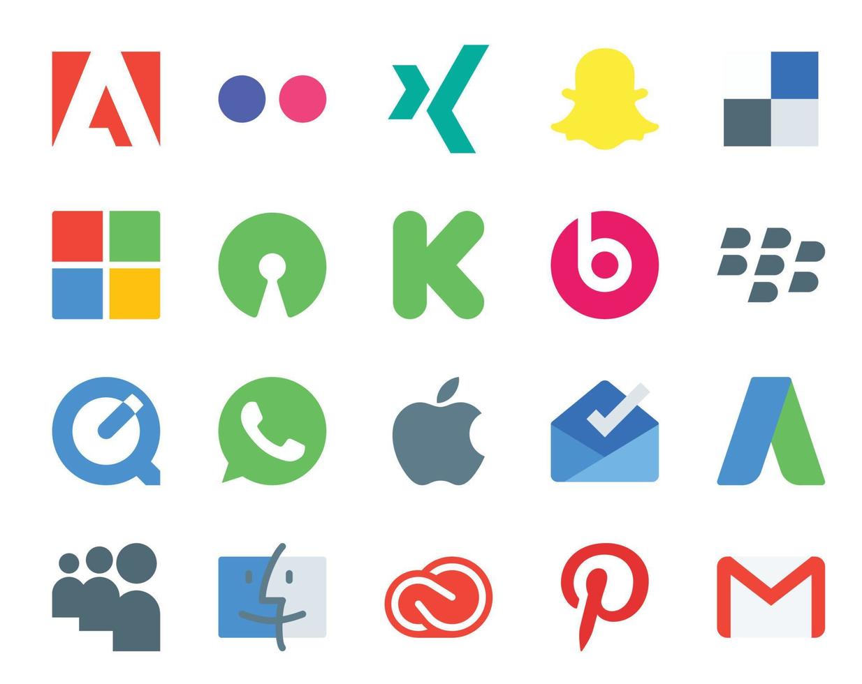 Pacote de 20 ícones de mídia social, incluindo nuvem criativa myspace bate pílula adwords apple vetor