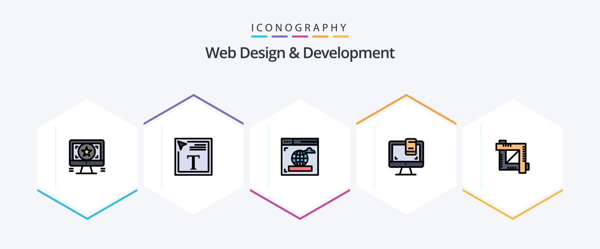 web design e desenvolvimento 25 pacote de ícones de linha preenchida, incluindo ferramenta de design. cortar. navegador. tela. computador vetor