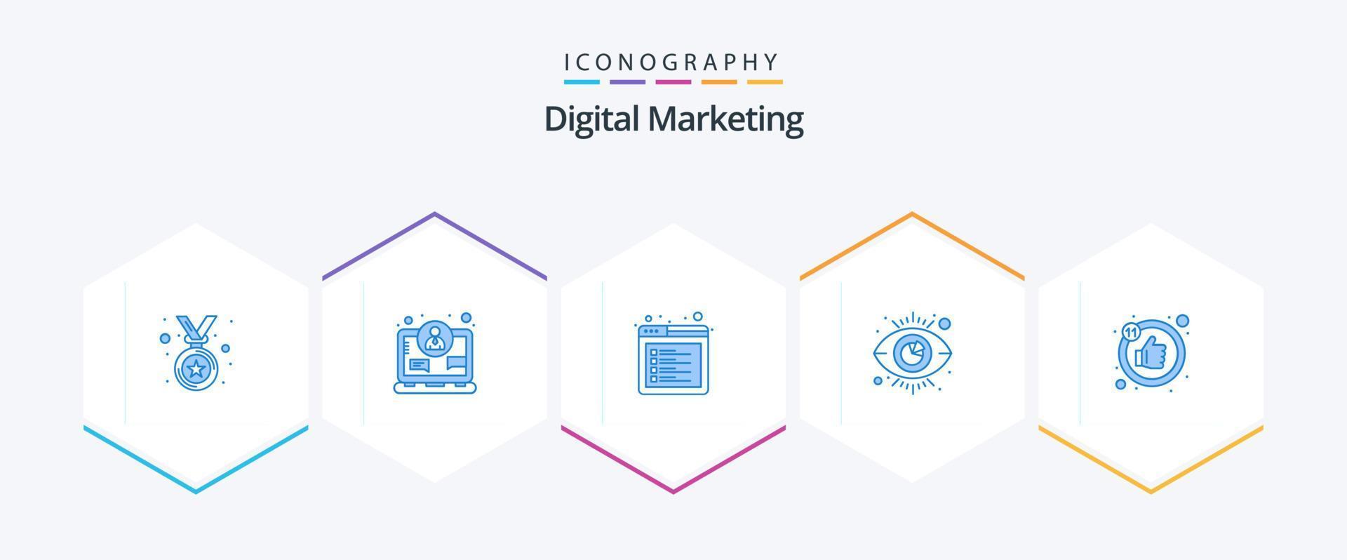 pacote de ícones azul 25 de marketing digital, incluindo polegar. como. Internet. análise. visualizar vetor