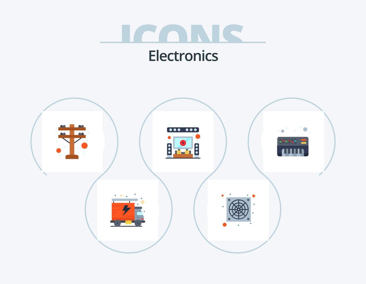 design de ícones do pacote de 5 ícones planos eletrônicos. . sintetizador. poder. eletrônico. teatro vetor