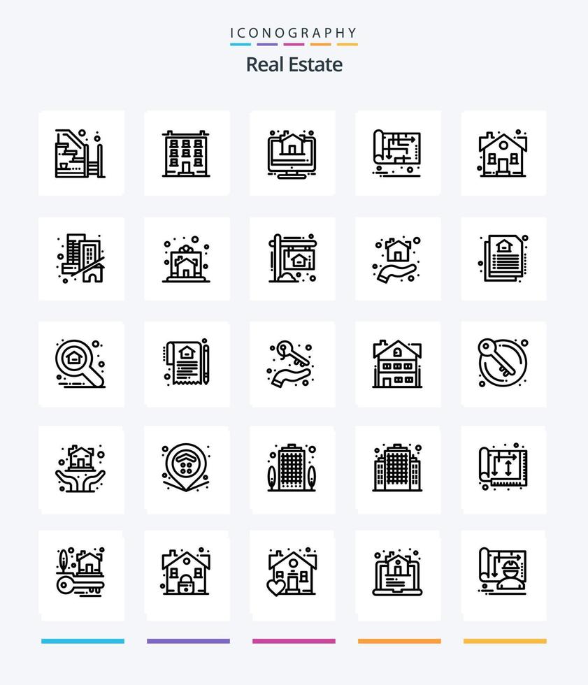 pacote de ícones de contorno de 25 imóveis criativos, como mapa. lar. lar. projeto. propriedade vetor