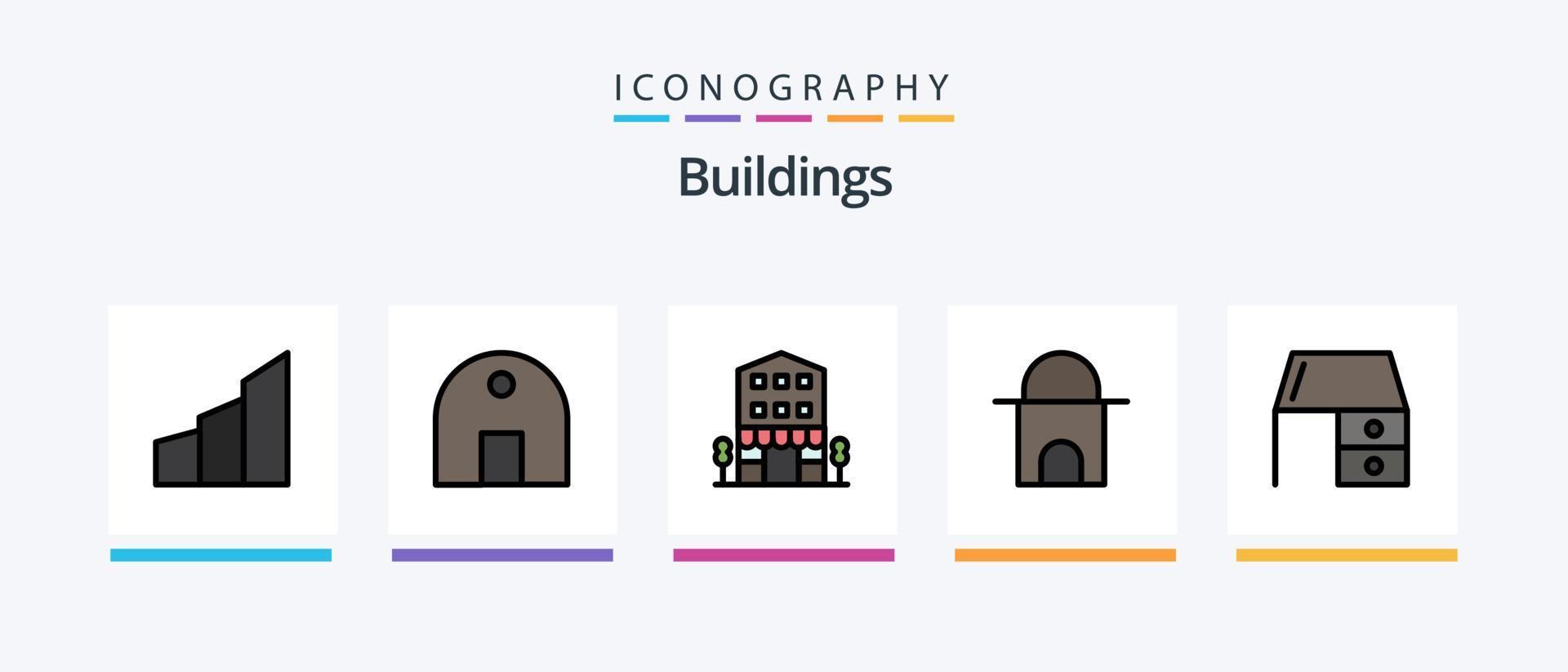 linha de edifícios cheia de 5 ícones, incluindo casa. edifício antigo. vitrine. cabana. lar. design de ícones criativos vetor