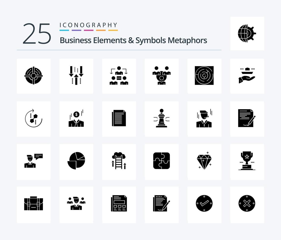 elementos de negócios e metáforas de símbolos 25 pacote de ícones de glifo sólido, incluindo ponto. estratégia. download. seta. comunicação vetor