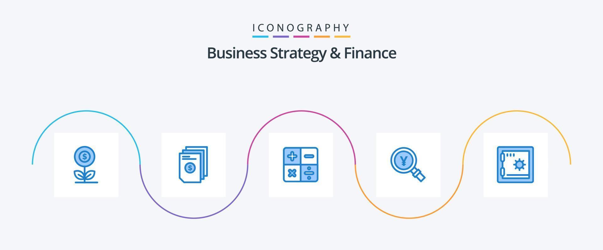 estratégia de negócios e pacote de ícones azul 5 de finanças, incluindo pesquisa. Japão. fatura. iene. calculadora vetor