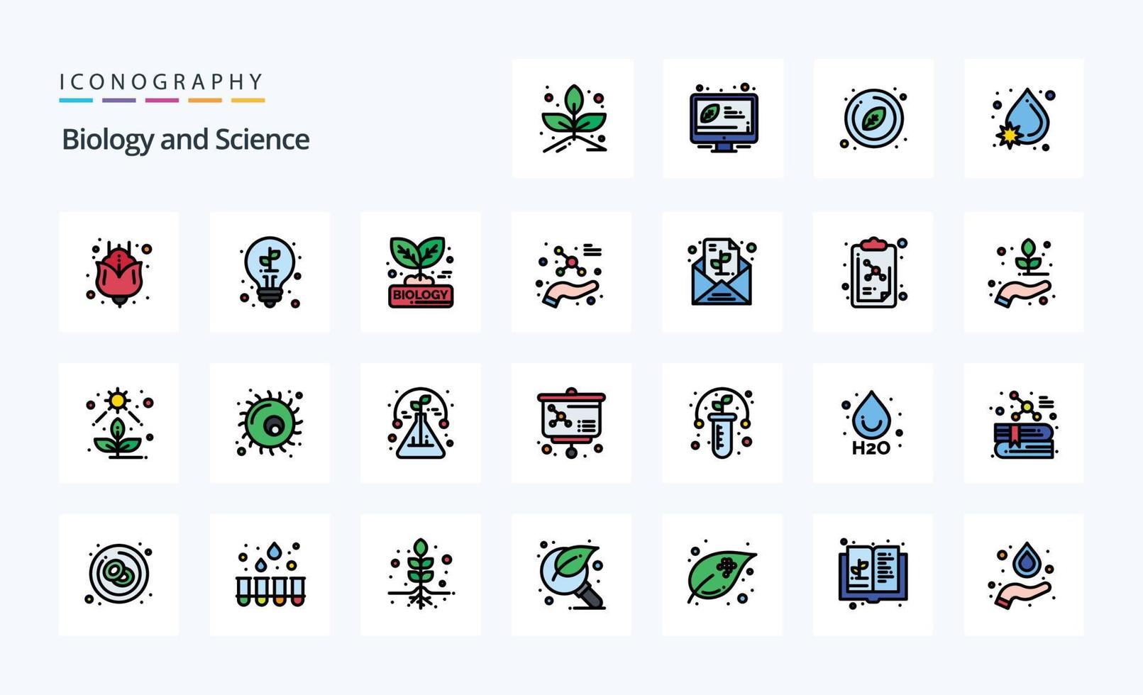 pacote de ícones de estilo cheio de linha de 25 biologia vetor