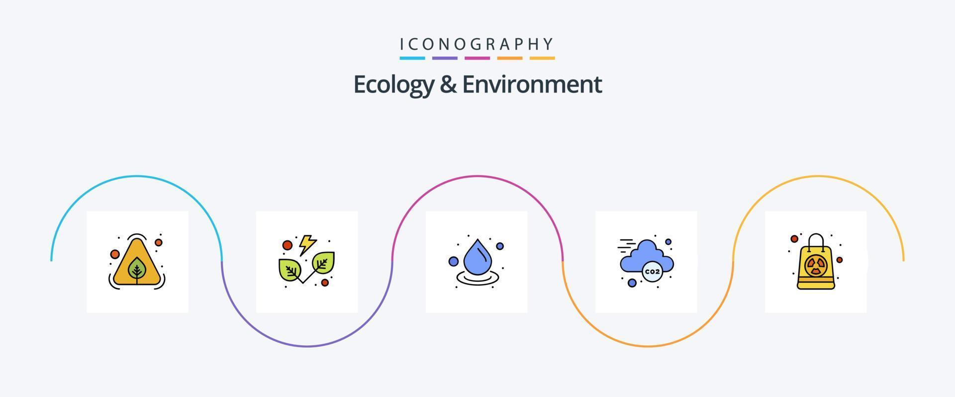 linha de ecologia e meio ambiente preenchida com 5 ícones planos, incluindo radioativo. nuclear. derrubar. verde. co ecologia vetor