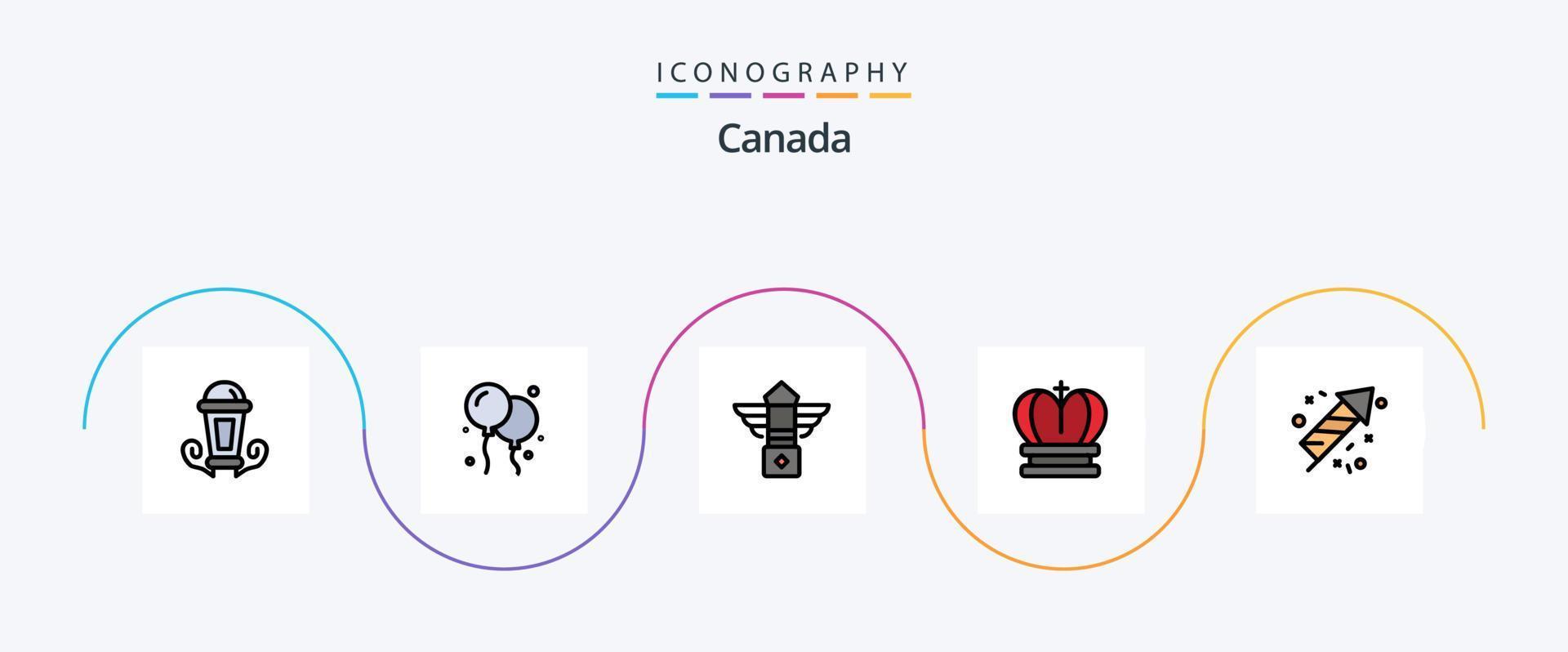 Linha do Canadá cheia de pacote de ícones de 5 planos, incluindo o Canadá. trabalho de fogo. luz. Império. rei vetor