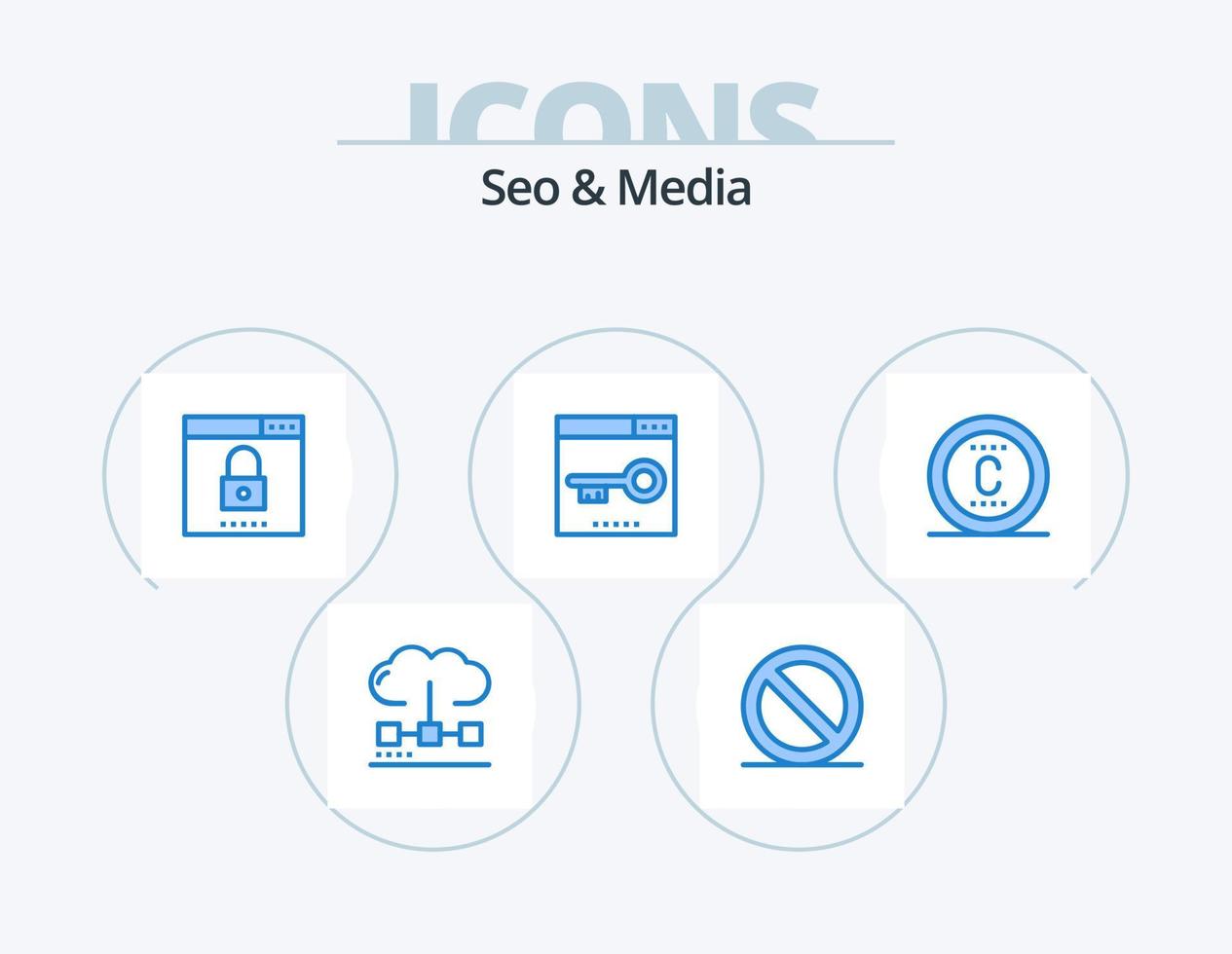 seo e media blue icon pack 5 design de ícone. página. meios de comunicação. motor. palavras-chave. segurança vetor