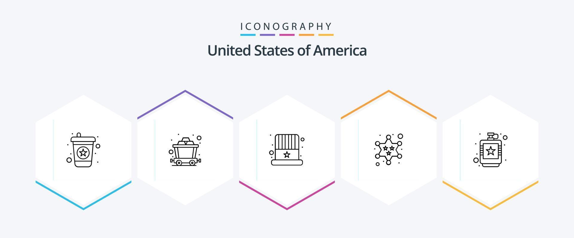 Pacote de ícones de 25 linhas dos EUA, incluindo quadril. bebida. chapéu. alcoólico. polícia vetor