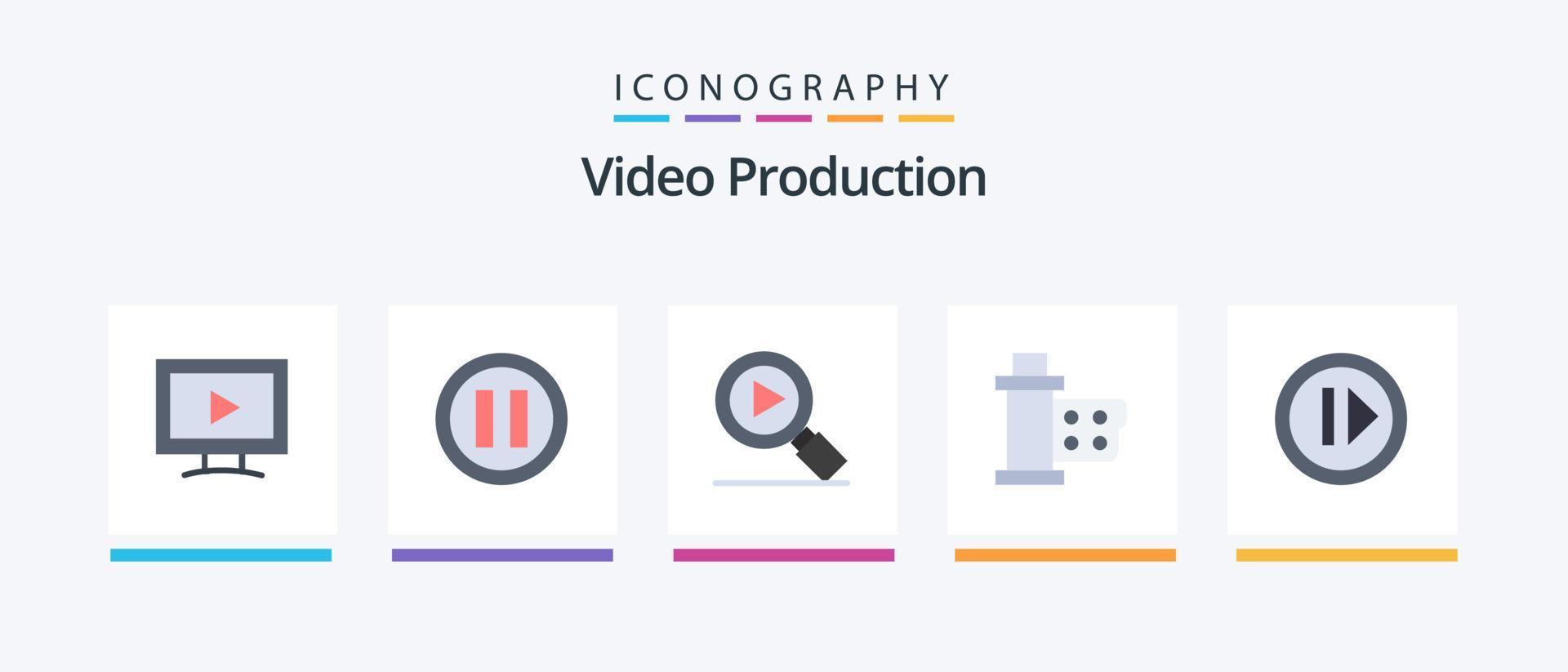 produção de vídeo flat 5 icon pack incluindo mídia. áudio. procurar. carretel. filme. design de ícones criativos vetor
