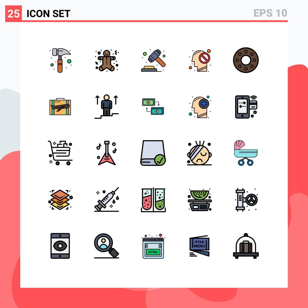 25 interface do usuário linha cheia pacote de cores planas de sinais e símbolos modernos de comida rosquinha martelo mente proibida elementos de design vetorial editáveis vetor