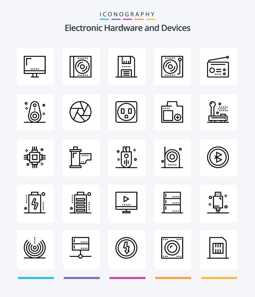 dispositivos criativos 25 pacote de ícones de contorno, como música. dispositivos. digital. produtos. eletrônicos vetor