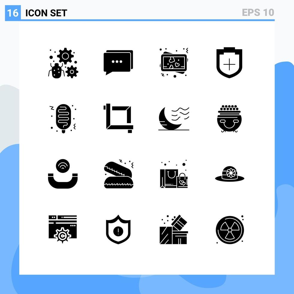 pacote de interface do usuário com 16 glifos sólidos básicos de escudo de amor de cachorro-quente rápido, além de elementos de design vetorial editáveis vetor