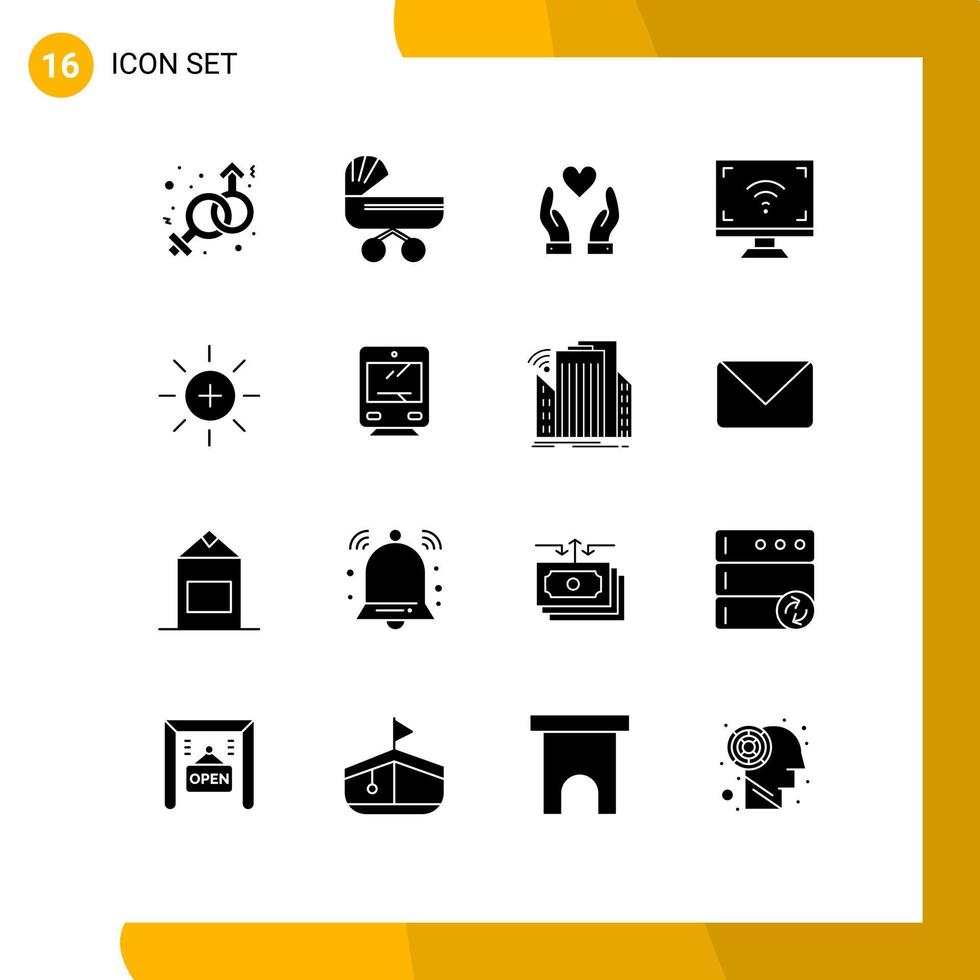 grupo de 16 sinais e símbolos de glifos sólidos para elementos de design de vetores editáveis de tela de carrinho inteligente de brilho