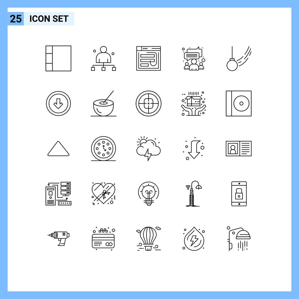 conjunto de linha de interface móvel de 25 pictogramas de elementos de design de vetores editáveis de bate-papo de hack de grupo de equipe