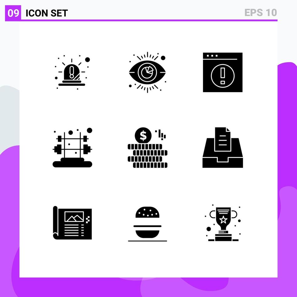 9 ícones criativos, sinais modernos e símbolos de dinheiro, análise de ginásio, homem de fitness, elementos de design de vetores editáveis
