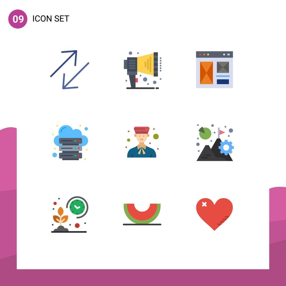 Pacote de cores planas de 9 interfaces de usuário de sinais e símbolos modernos do servidor de internet da web de sino que hospeda elementos de design vetorial editáveis vetor
