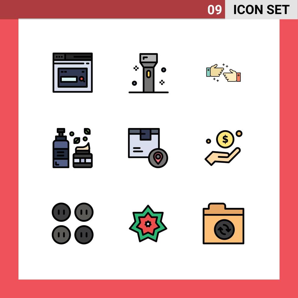 conjunto de cores planas de linha preenchida de interface móvel de 9 pictogramas de produtos de espuma para cuidados com a pele cosméticos ok elementos de design vetorial editáveis vetor