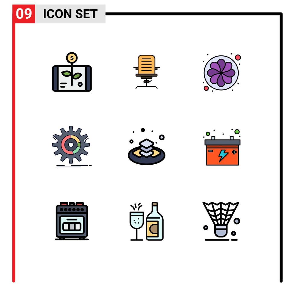 conjunto de pictogramas de 9 cores planas de linha preenchida simples de configuração de gerenciamento cadeira de girassol natureza elementos de design de vetores editáveis