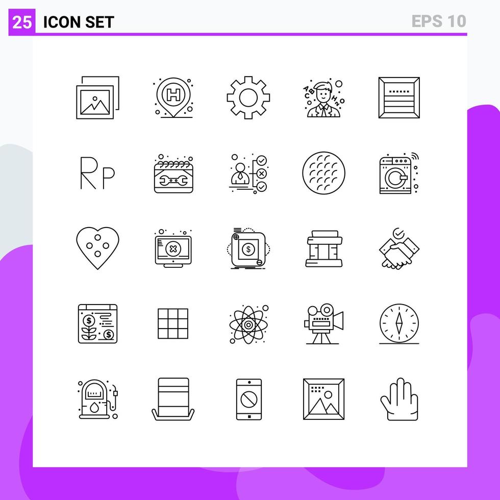conjunto de 25 símbolos de ícones de interface do usuário modernos, sinais para configurações de comércio de remessa, professor de carga, elementos de design de vetores editáveis
