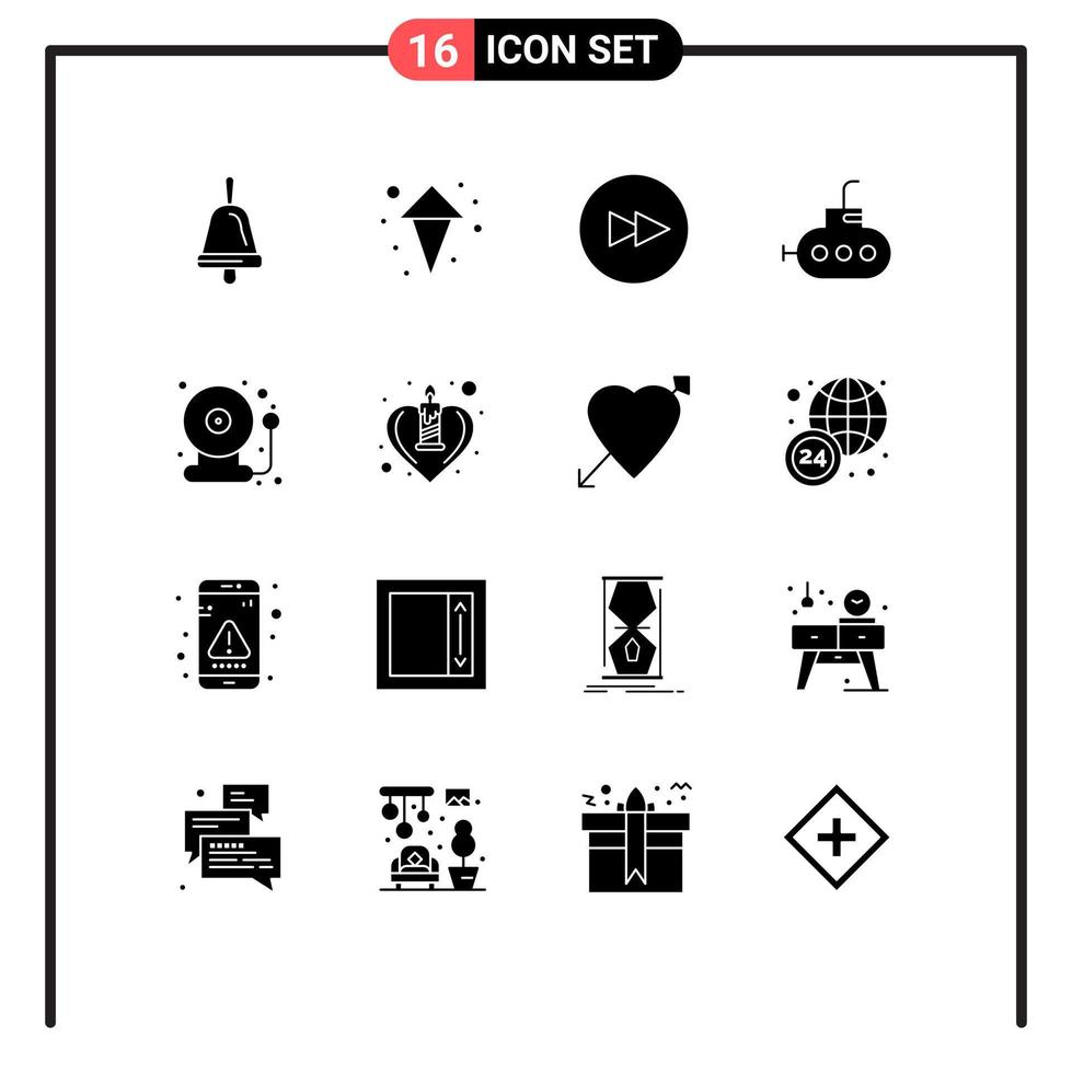 grupo de símbolos de ícone universal de 16 glifos sólidos modernos de vela de amor ao lado de elementos de design de vetores editáveis de sino de escola