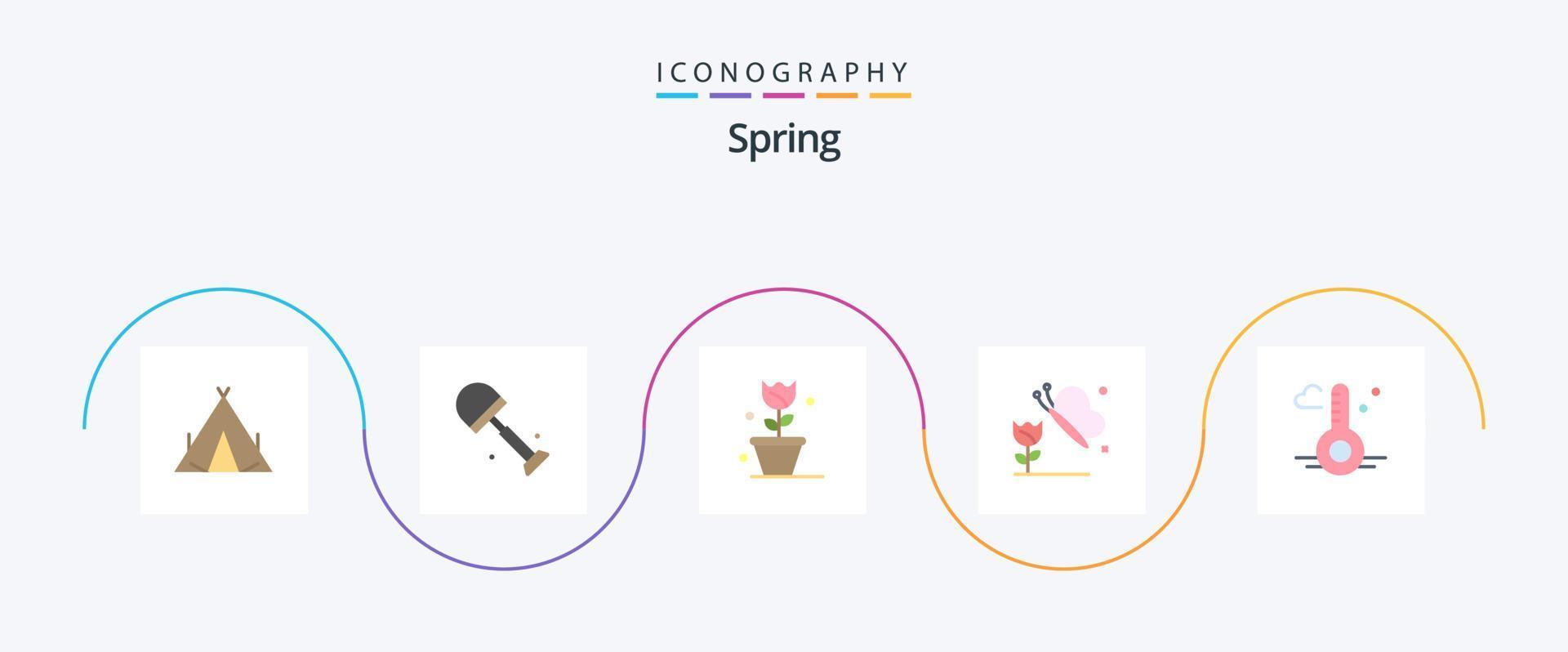 pacote de ícones de primavera plana 5, incluindo clima. temperatura. flor. borboleta. borboleta e flor vetor