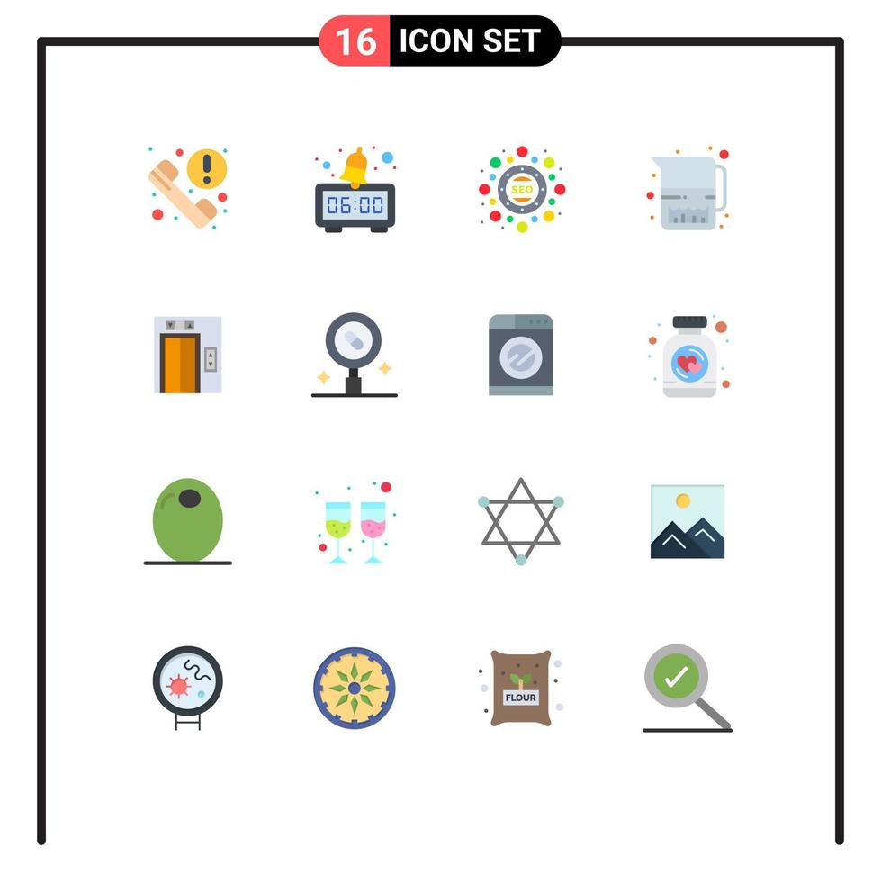 grupo de 16 sinais e símbolos de cores planas para otimização de elevador de construção pacote editável de jarro de leite jarro de elementos de design de vetores criativos